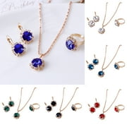 Fairnull Fashion Women Circle Rhinestone Necklace Earrings Ring Pendants Jewelry Set